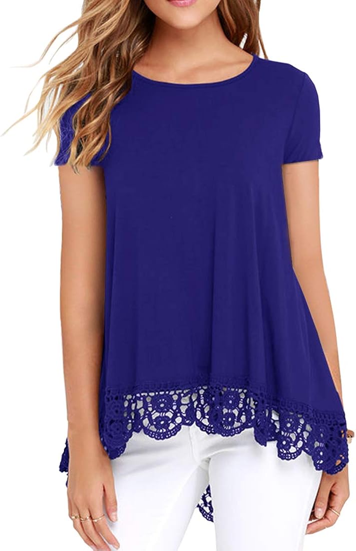 QIXING Women's Tops Short Sleeve/Long Sleeve Lace Trim O-Neck A Line Tunic Blouse at  Women’s Clothing store