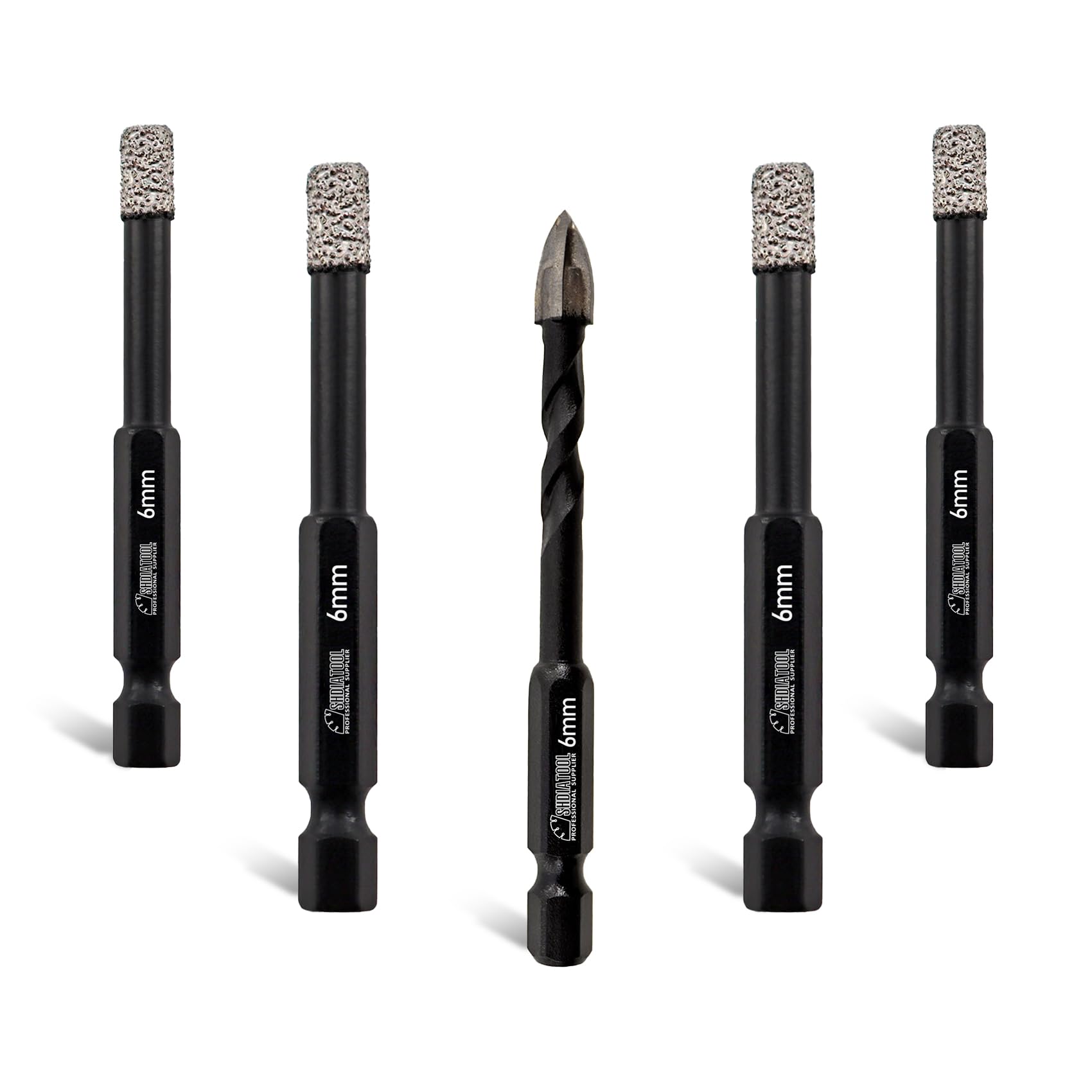 SHDIATOOL Porcelain Tile Diamond Drill Bits, 4pcs 6mm Quick Change Shank Diamond Core Drill Bit with 1pc 6mm Carbide Triangular Drill Bit for Tile Ceramic Marble Granite Stone — image 1