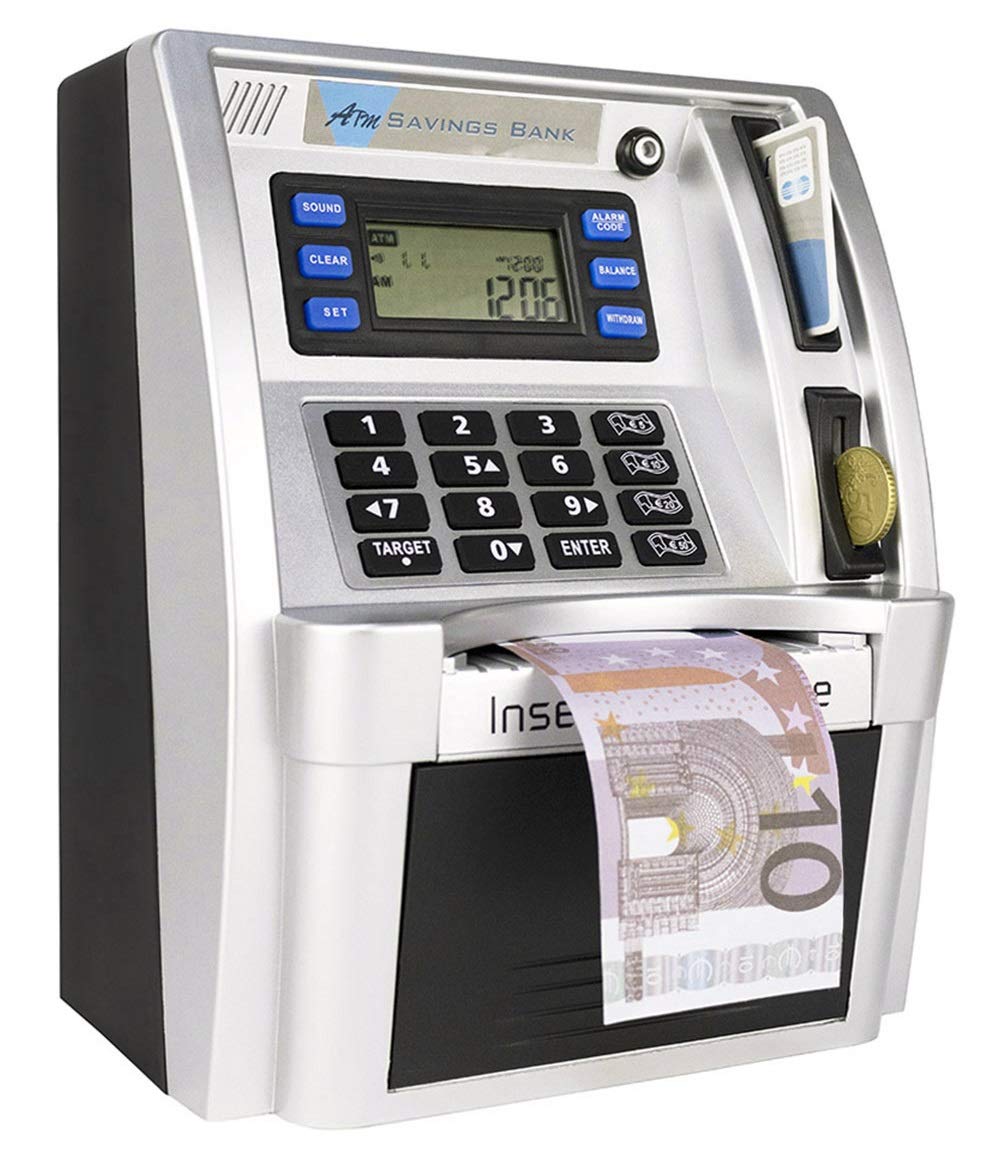 LB ATM Bank for Children, Premium ABS Money Storage Machine, Fun Educational Deposit Box with Debit Card, Password Login, Black