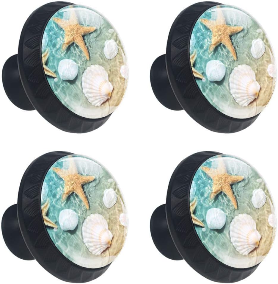 4 Pcs 35mm Beach Starfish Seashell Knobs Round Crystal Glass