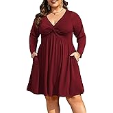 Manllenshie Womens Plus Size Dress Roll up Long Sleeve Casual Deep V Neck Twist Knot Front Flowy Dresses with 2 Pockets