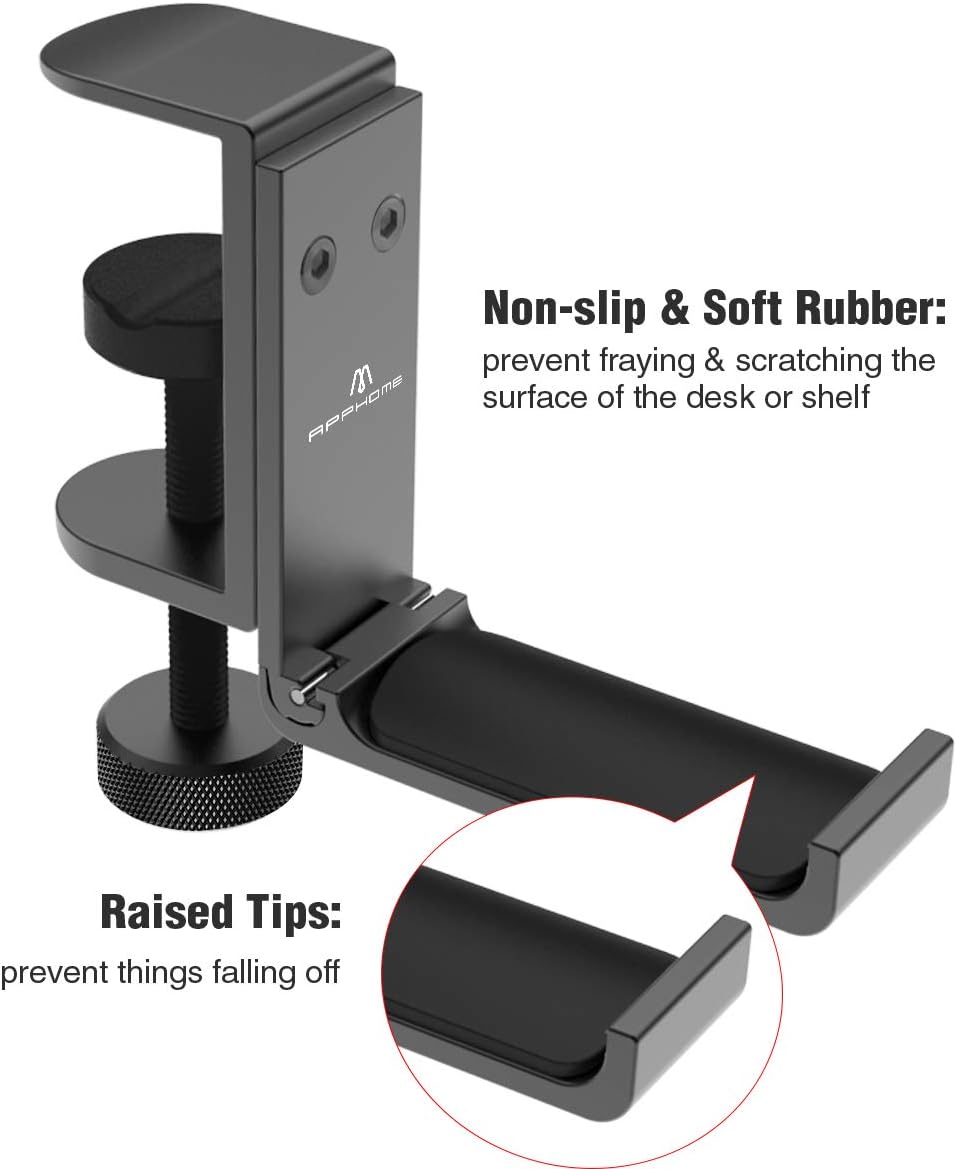 APPHOME [Upgrade] Foldable Headphone Stand Hanger Holder Aluminum Headset Soundbar Stand Clamp Hook Under Desk Space Save Mount Fold Upward Not in Use, Universal Fit Gaming PC Accessories, Black: Electronics