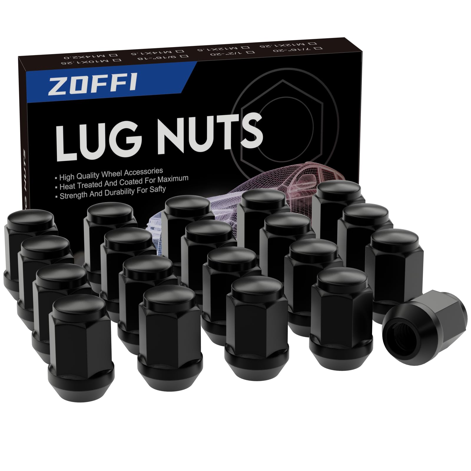 Photo 1 of ZOFFI M12x1.5 Lug Nuts - Replacement for Ford Fusion, Focus, Escape Aftermarket Wheel - 20pcs Black Closed End Conical Seat 19mm Hex Lug Nuts