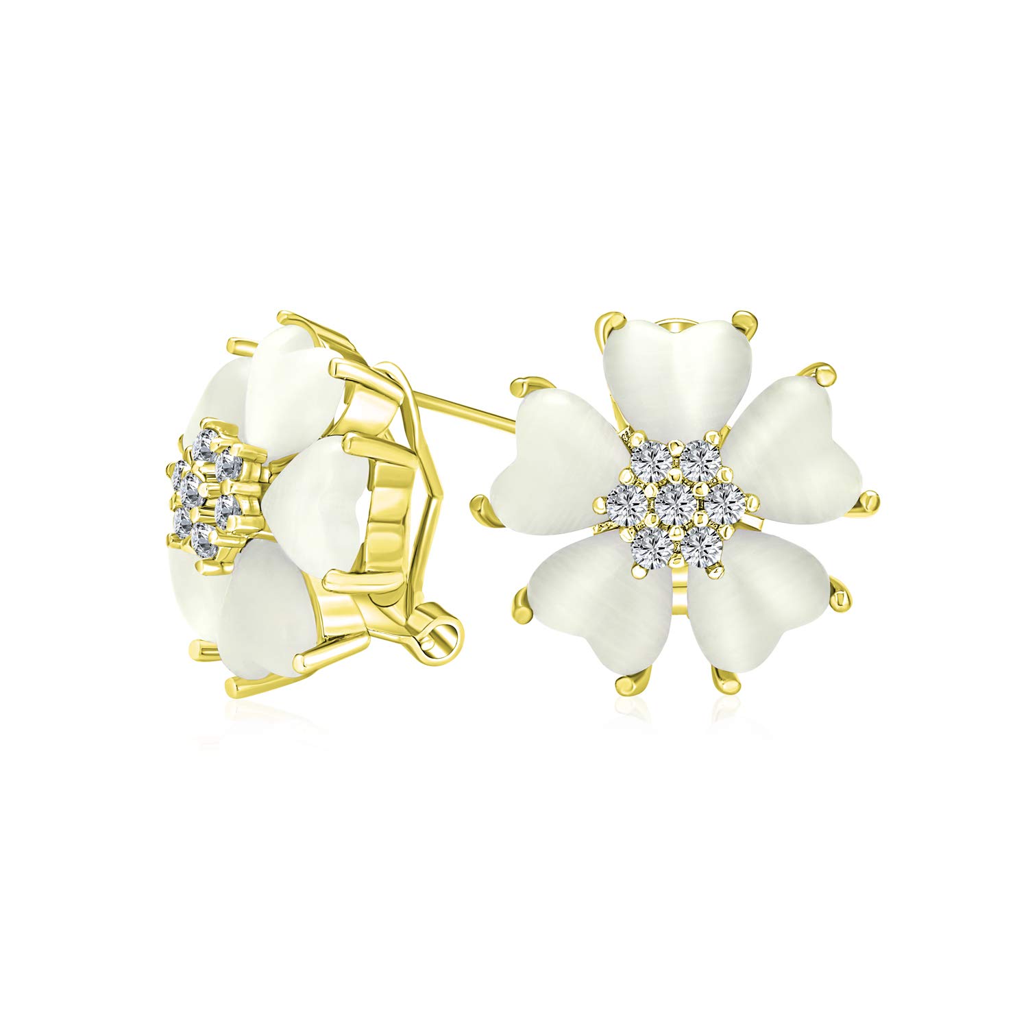 Romantic Cat Eye Gemstone Button-Style Heart-Shaped Petals Flower Stud Earrings with Omega Clip for Women Yellow Gold Plated
