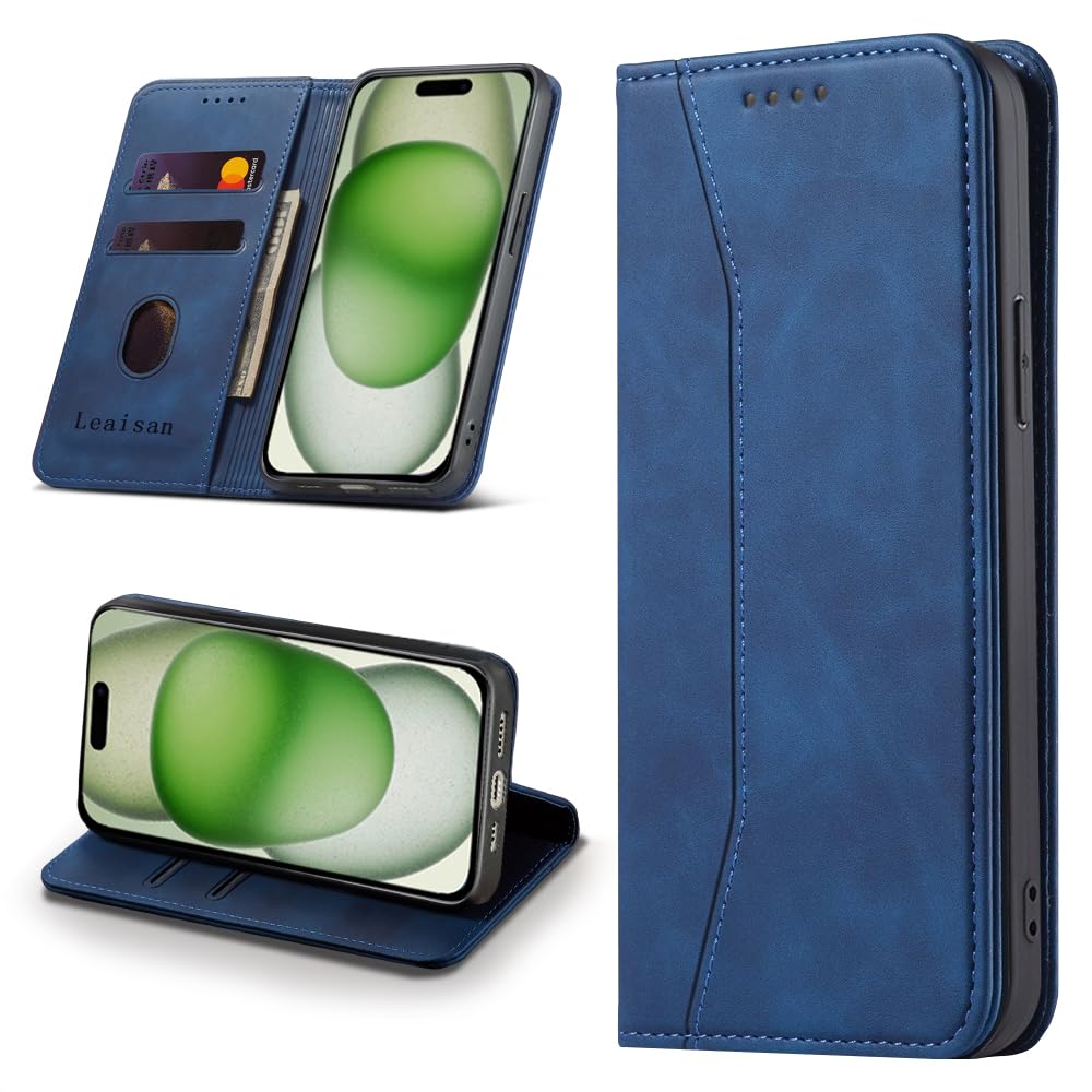 Leaisan Mobile Phone Case for 15 Plus Case Premium Leather Flip Foldable Shockproof Magnetic [Stand Function] [Card Slots] Protective Case for 15 Plus 5G (6.7 Inch) Case - Blue