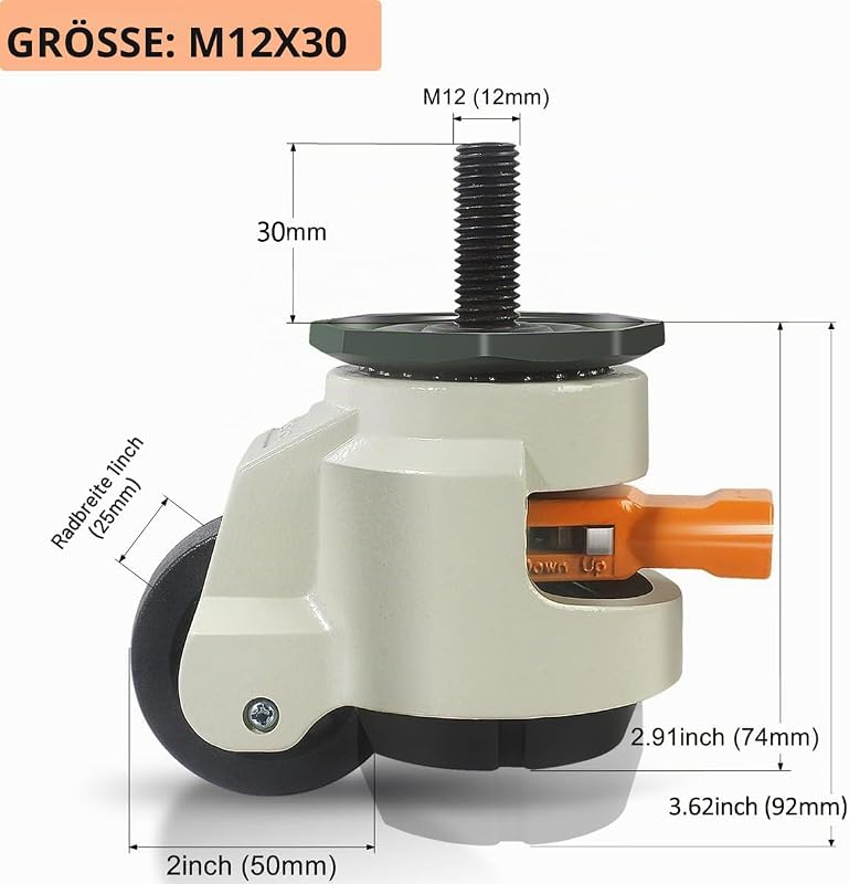 Nivellierrollen Schwerlastrollen mit Gewinde M12X30 Tragfähigkeit 1000KG, 4er Set 50MM Lenkrollen mit Ratschengriff-Design, 360-Grad-Möbelrollen Schwerlast für Maschine, Ausrüstung, Regale