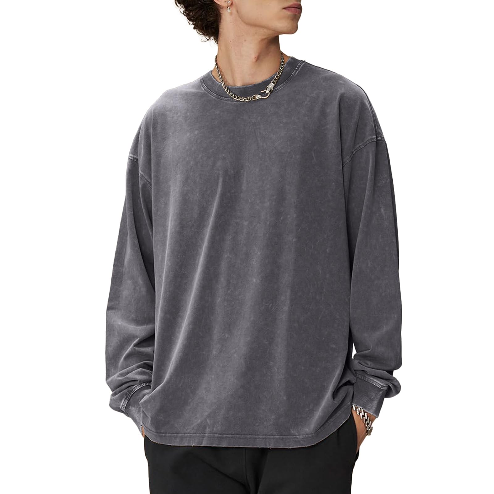 Photo 1 of Mens Oversized T Shirts Long Sleeve Shirts for Men Vintage Acid Wash T-Shirts Comfort Colors Crewneck Sweatshirt(Grey XL)