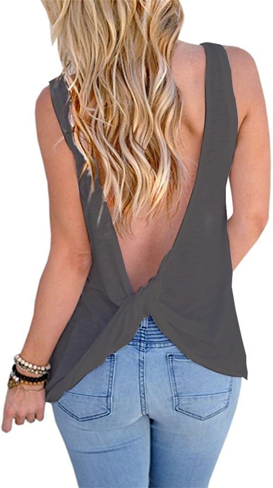 VOKY Women's Backless Stretchy Open Back Top Knotted Back Sexy Sport Shirt