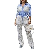 CHICME Womens 2 Piece Outfits Pants Set Spring 2026 Guipure Lace Spliced Colorblock Sweatshirt and Pants Set