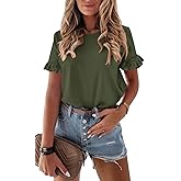 PRETTYGARDEN Women's Short Sleeve Casual T Shirts Summer Ruffle Plain Round Neck Loose Fit Tee Blouse Tops