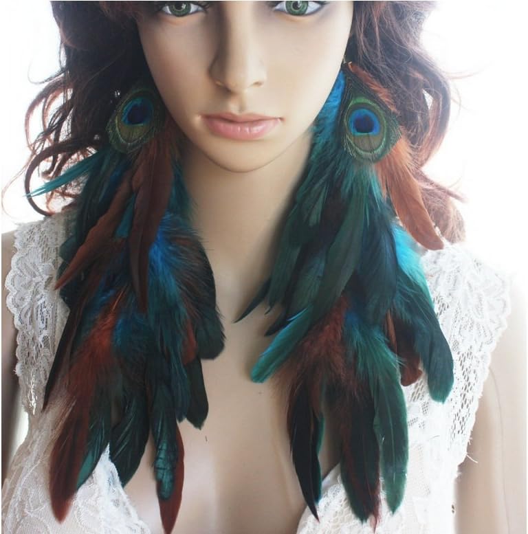 Natural Feather Earrings Blue Peacock Feather Earrings for Women