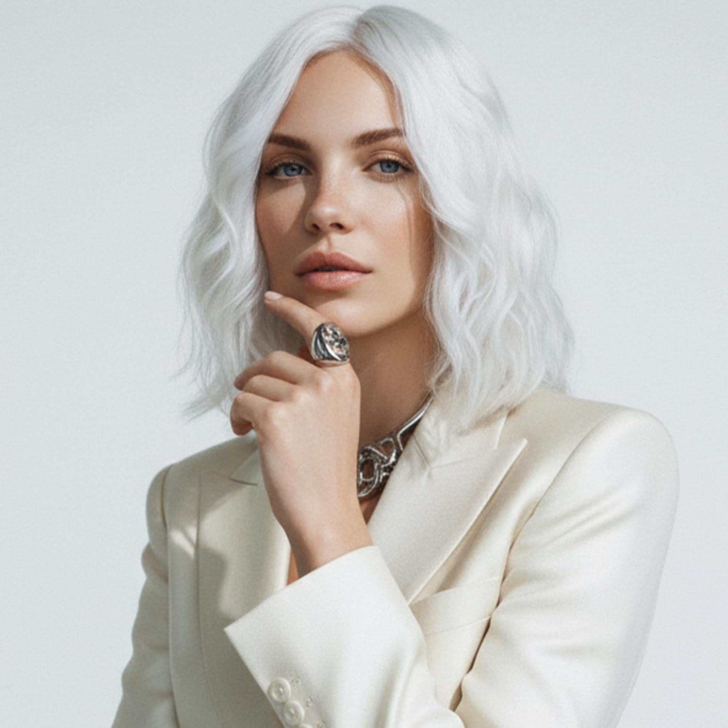 Photo 1 of simkaylee Short Wavy White Wigs for Women 14 Inch Middle Part Shoulder Length Bob Wavy Wig Curly Synthetic Cosplay Wig for Girl Colorful Costume Wigs