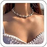 Zeshimb Bohemian Starfish Beaded Choker Necklace White Starfish Chain Statement Necklace Round Ball Beads Chain Necklace Summer Beach Surfer Necklace Ocean Jewelry for Women