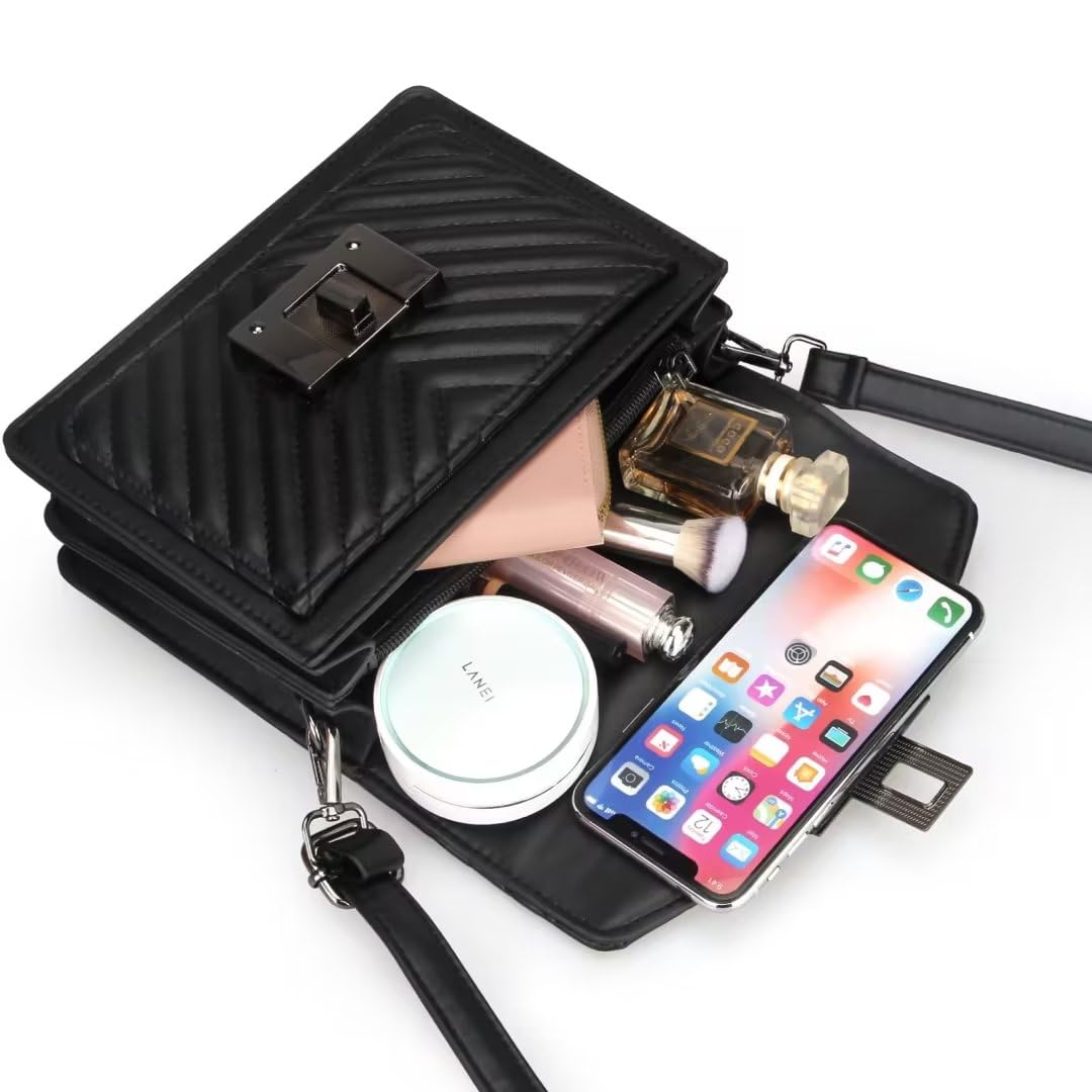 Top Handle Bag Quilted Crossbody Bags Trendy Designer Handbags for Women Black Leather Cross Body Satchel Purses Shoulder Bag