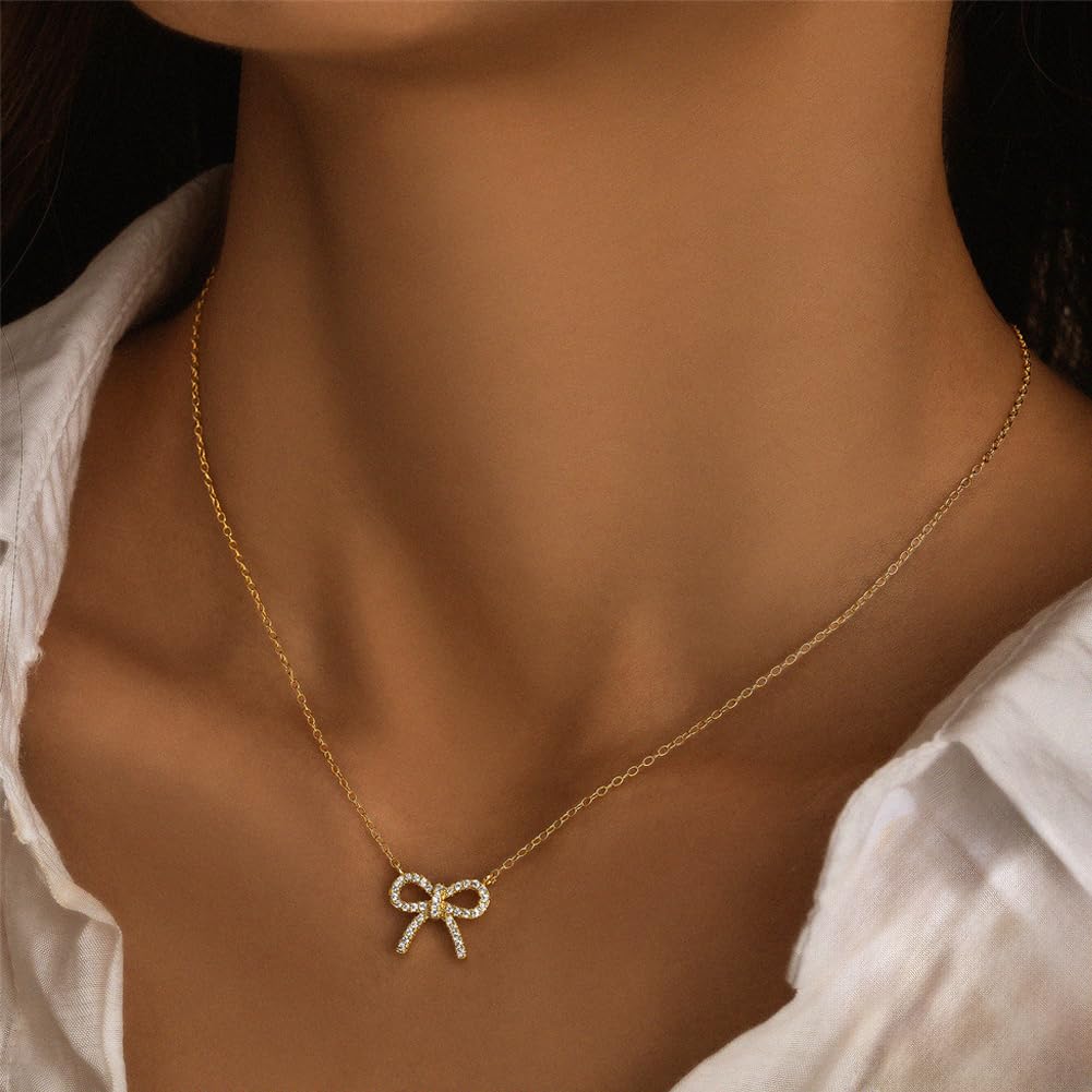 Photo 1 of Women's 14K Gold Choker Necklace 925 Sterling Silver Necklaces Bowknot Pendant Necklace Jewelry Sparkly Dainty Neck Accessory,Gold
