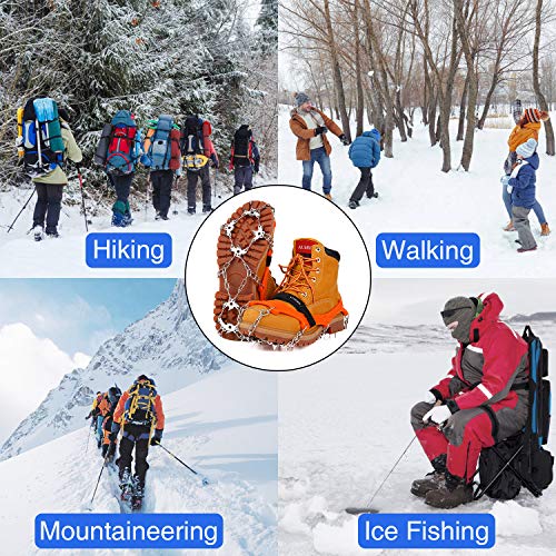AUHIKE 19 Teeth Claws Crampons [Updated Version],Non-Slip Shoes Cover with Stainless Steel Chain for for Hiking Fishing Climbing Jogging Mountaineering Walking on Snow and Ice (Orange, L) - Thumbnail 4