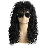 Daiaces Mens 80s Wig Long Black Curly Mullet Wig Men Costume Heavy Metal Rocker for Costume Party Cosplay