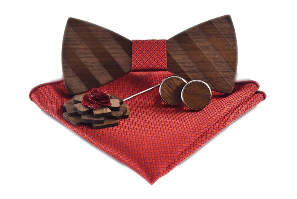 Men Red Woven Handkerchief Wooden Cufflinks Brooch