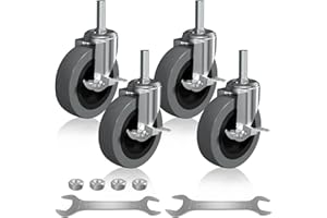 EUOKOK 4 Inch Caster Wheels, 1/2" -13 x 1-1/2" Locking Threaded Stem Caster Set of 4 with Side Brake, Non Marking Industrial Screw in Casters Heavy Duty TPE Swivel Castors for Dolly Cart, Wire Shelving