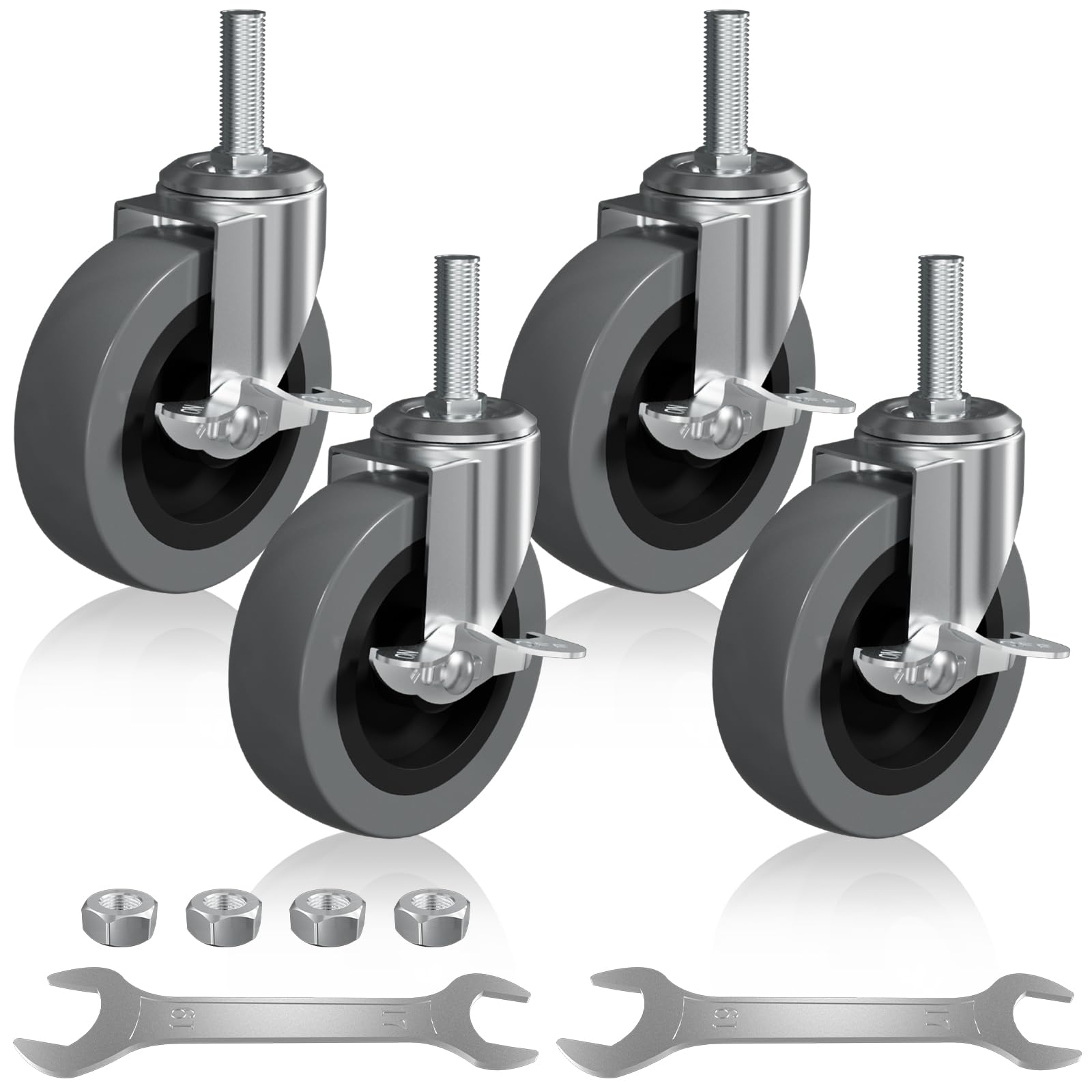 Photo 1 of 4 Inch Caster Wheels, 1/2" -13 x 1-1/2" Locking Threaded Stem Caster Set of 4 with Side Brake, Non Marking Industrial Screw in Casters Heavy Duty TPE Swivel Castors for Dolly Cart, Wire Shelving