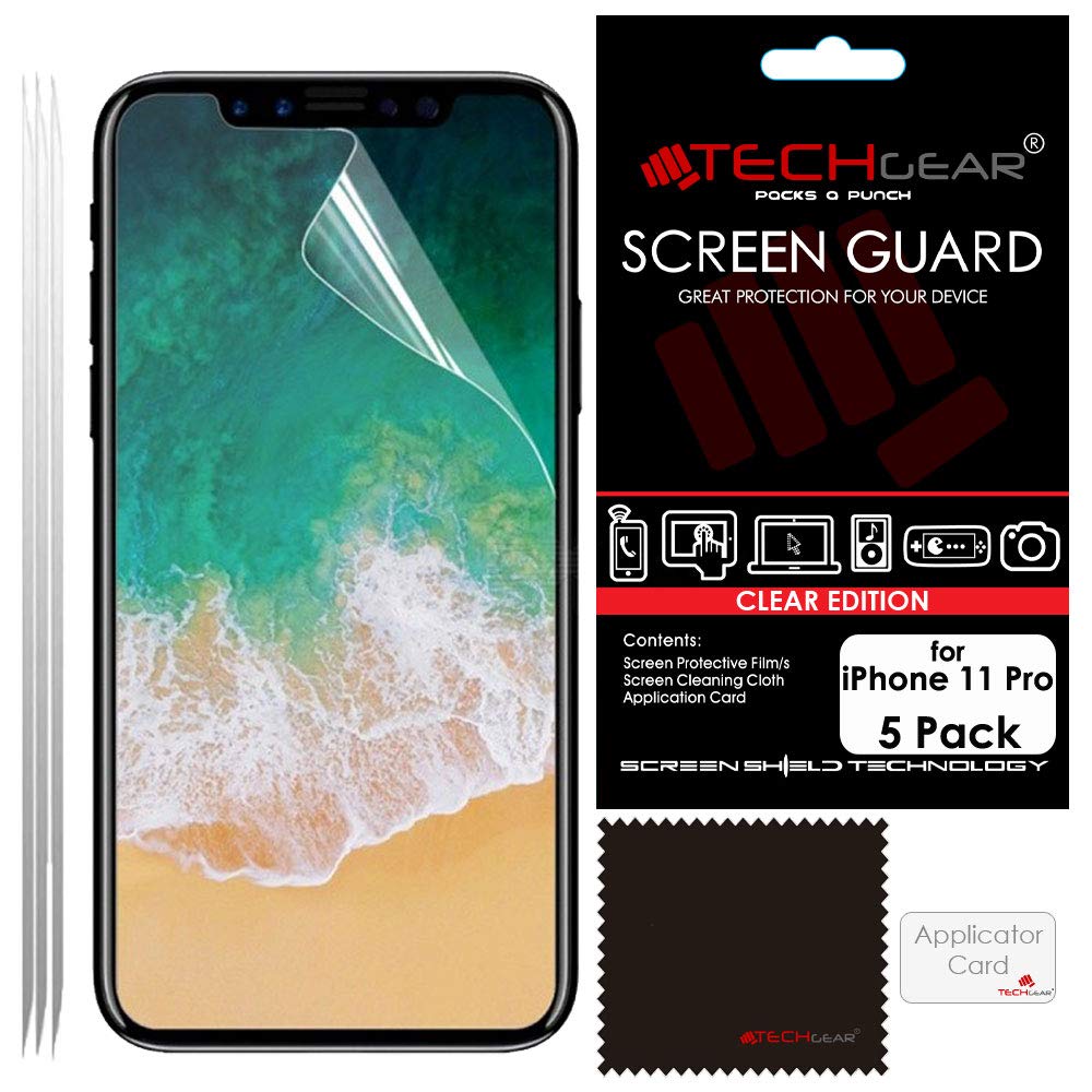 TECHGEAR [Pack of 5] Screen Protectors for iPhone 11 Pro 5.8" - CLEAR LCD Screen Protector Guard Covers with Cleaning Cloth & Application Card Compatible with Apple iPhone 11 Pro (5.8")