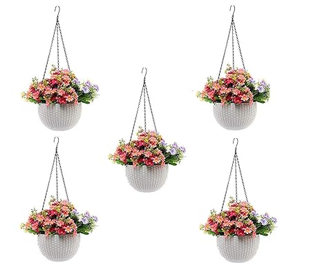 MOMS GADGETS,White Round Rattan Woven Plastic Flower Hanging Planter/Beautiful Round Gamla Pot/Flower Hanging Pot for Garden Balcony(White,Pack of (5)