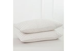 MooMee Bedding Pillowcases Striped Pack of 2 100% Washed Cotton Linen Like Textured Breathable Durable Soft Comfy (White Dark Grey Wide Stripes, King)
