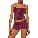 RUEWEY Women Y2k Pajama Set Striped Sleeveless Crop Cami Top Lounge Shorts PJS 2 Piece Matching Sleepwear