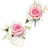 Syueblm Wrist Corsage and Boutonniere Set, Artificial Rose Corsage Wristlet and Boutonniere for Wedding Prom Party (Pink 1 Boutonniere&1 Wrist Corsage)
