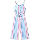 Crazyme Girls Jumpsuit Striped Sleeveless Girl Casual Rompers Suspender Wide Leg Pants with Belt Jumpsuit for Girls 4-13Y