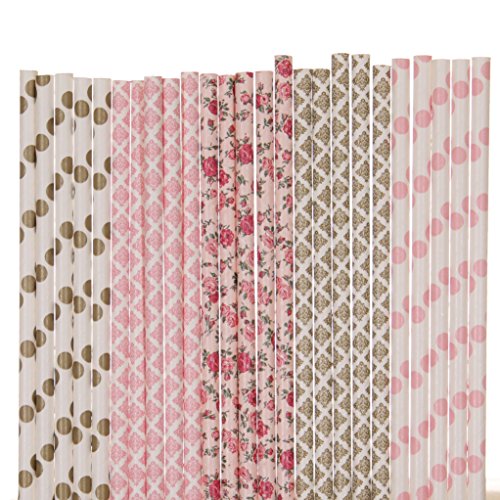 Pink and Gold Paper Straw Mix - Light Pink, Gold - Flower, Damask, Polka Dot (25)