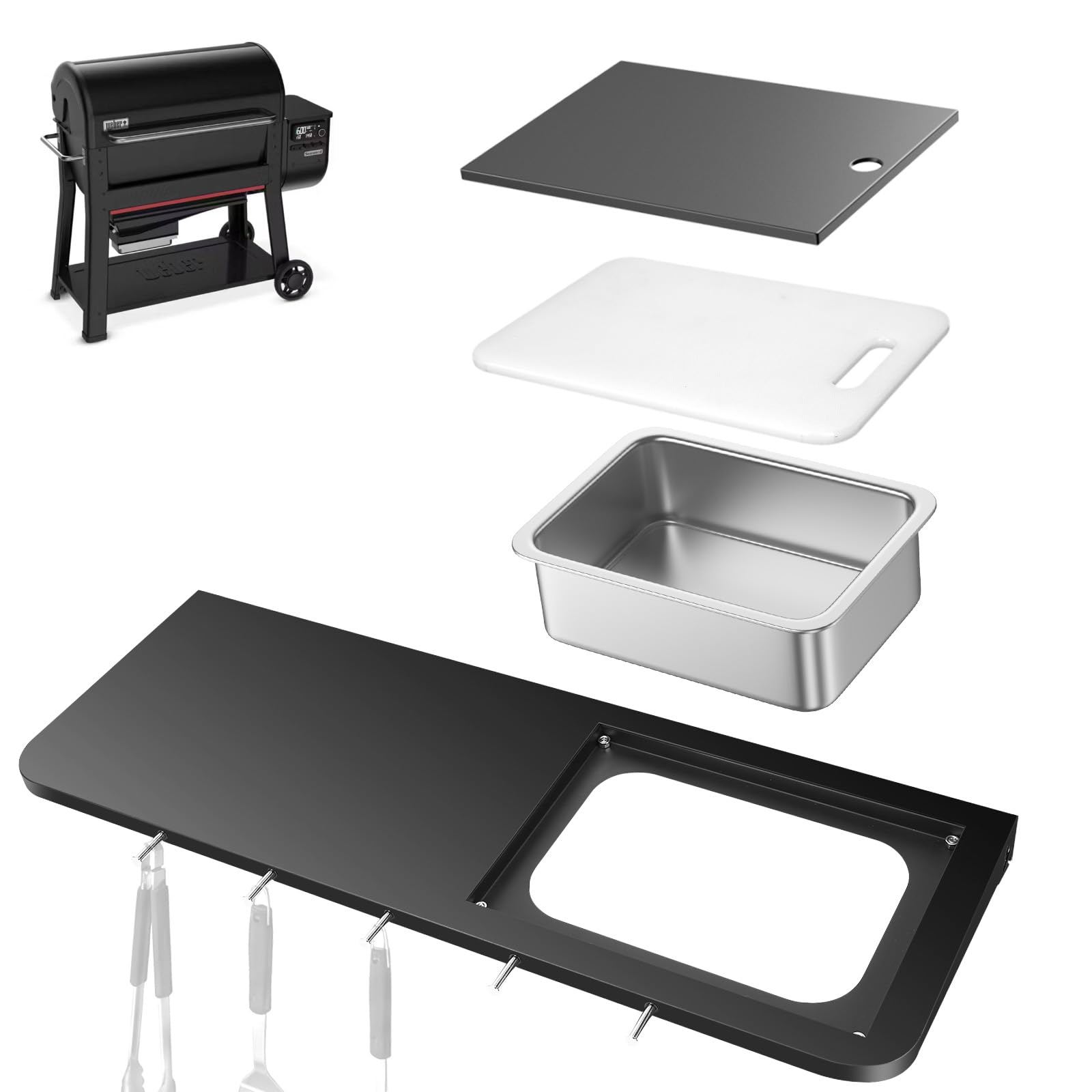 QuliMetal Folding Front Shelf for Weber Searwood XL 600, 35" x 12.5" Grill Prep Table with Stainless Steel Basin, Cutting Board, Lid and 5 Hooks, Heavy-Duty Front Grill Table Accessory Image