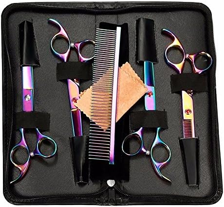 StarForest 7" Professional Pet Dog Cat Puppy Grooming Scissors Set Cutting Curved Thinning Shears Comb Trimmer Hair Cutting Tool, Rainbow Color