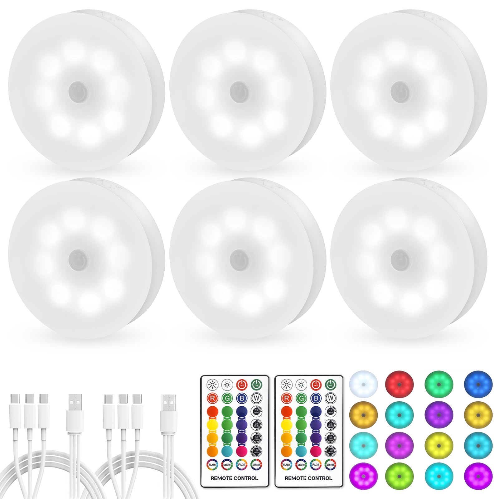 Photo 1 of Led Puck Lights with Remote Control 16 Color Changeable USB Rechargeable LED Night Light Battery Operatedfor,Closet,Bedroom Wall,Under Cabinet,Party,Halloween Decoration,with Dimmer and Timer?6 Pack?
