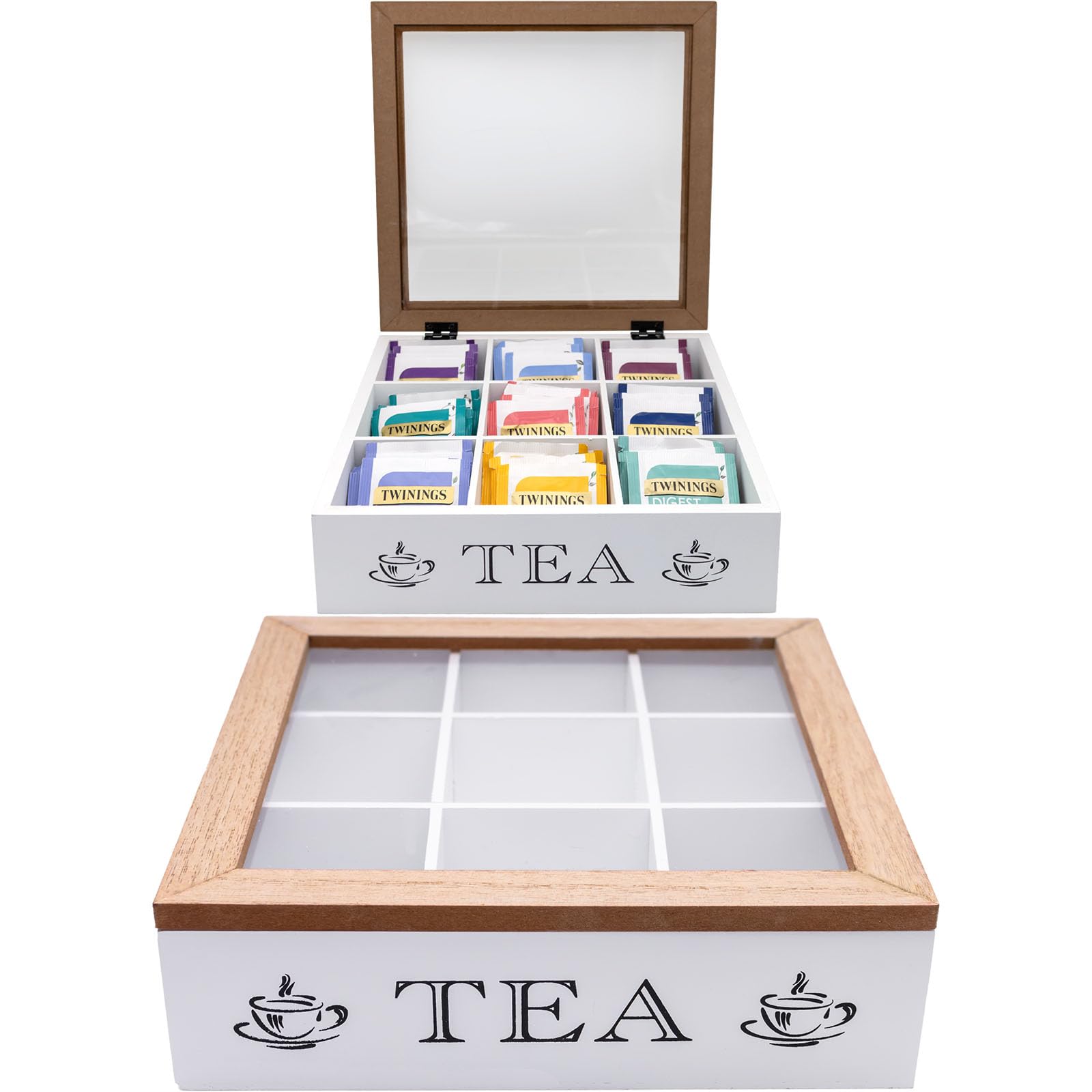 Maison Des Cadeaux Vintage Wooden Two Tone 9 Compartment Tea Bag Coffee Organiser Storage Box