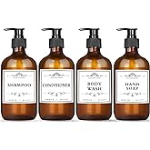 4 Pack 16.9 Oz Shampoo and Conditioner Hand Soap Dispenser Refillable Pump Bottles with Waterproof Labels (Amber)