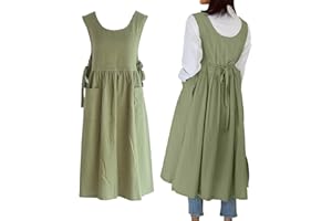 losofar Women Plus Size Cotton Linen Vintage Pleated Split Apron Pinafore Dress with Two Pockets