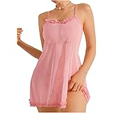 OYOANGLE Women's Lingerie Mesh Sheer Babydoll Nightgown and Thongs Lace Trim Slip Dress Sleepwear