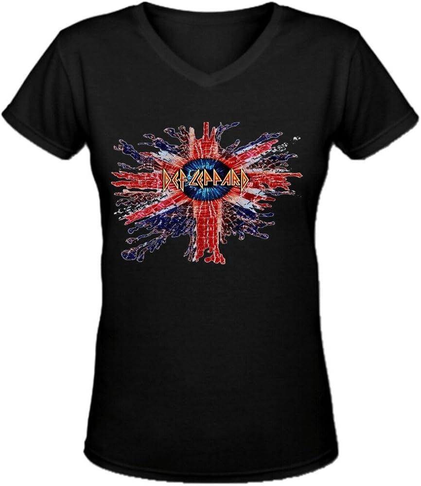 Def Leppard Logo For Women V Neck Tee Black at Amazon Women’s Clothing store