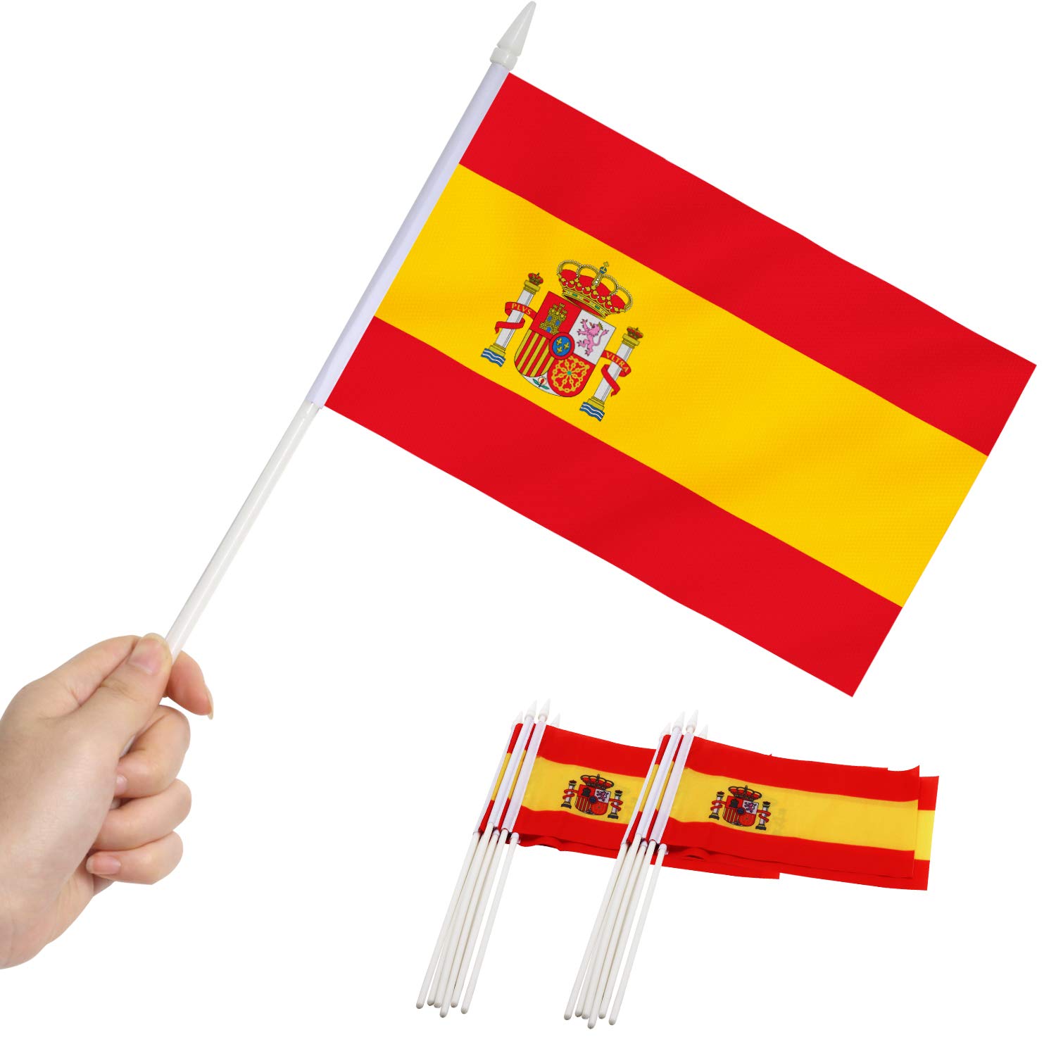 Anley Spain Mini Flag 12 Pack - Hand Held Small Miniature Spanish Flags on Stick - Fade Resistant & Vivid Colors - 5x8 Inch with Solid Pole & Spear Top