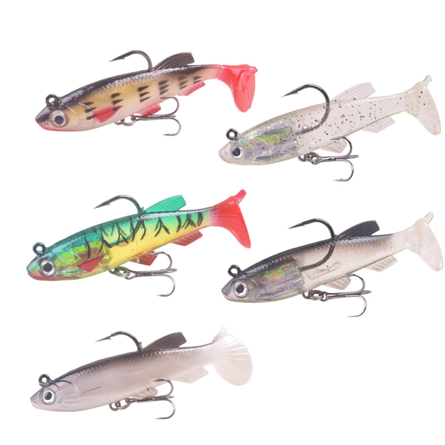 5 Colors Soft Fishing Lures, Jigs Sinking Swimbaits with Hook T Tail Fish Lures Artificial Bait for Saltwater Freshwater Bass Pike (C)