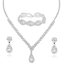Women’s Wedding Jewelry Set – Rhinestone Necklace, Earrings & Bracelet – 150 White Crystals, 3-Piece Set - View #2