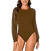 LYANER Women's Crew Neck Bodysuit Lace Hollow Out Long Sleeve Slim Fit Stretchy Leotards Tops