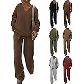 Two Piece Sets for Women V Neck Fleece Sweatsuits Oversized Soft Loose Long Sleeve Pullover Baggy Sweatpants Tracksuits