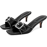 Dsevht Black Kitten Heel Sandals Stiletto Low Heels Slip On Slides Mule Sandal Square Open Toe Dress Shoes for Women