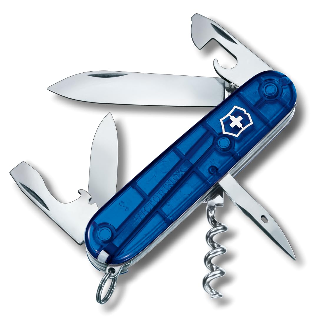 Victorinox Spartan Swiss Army Knife, Camping Pocket Knives, Medium, Multi Tool, 12 Functions, Blade, Bottle Opener, Blue Transparent