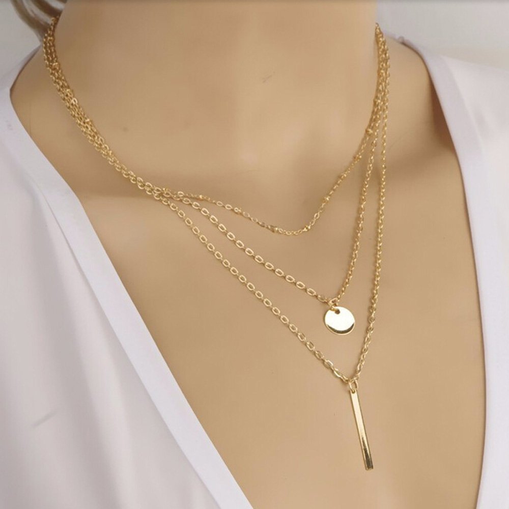 OUMOSI Simple Gold-plated Multilayers Tassel Coin Bar Necklace Clavicle Chain Charm Jewelry Gold