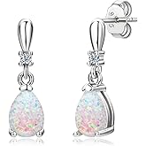 YUNKAI 18K White Gold Plated Teardrop Opal Dangle Earrings for Women 925 Sterling Silver Pear Cut October Birthstone Drop Hook Huggie Hoop Stud Earrings Fine Jewelry Birthday Gift
