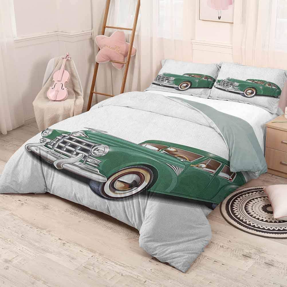 HELLOLEON (Queen) Manly 3-Pack (1 Duvet Cover and 2 Pillowcases) Bedding Antique Automotive Old Model Nostalgia Historic Symbol Retro Car Illustration Polyester Forest Green White