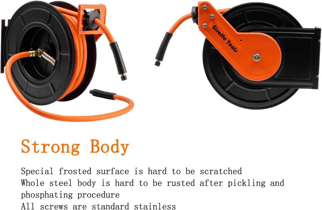 Giraffe Retractable Air-Hose-Reel with 3/8 in. x 50 Ft Hybrid Air Hose, Auto Rewind Pneumatic Hose Reel, 300PSI Heavy Duty Steel-Reel - - 